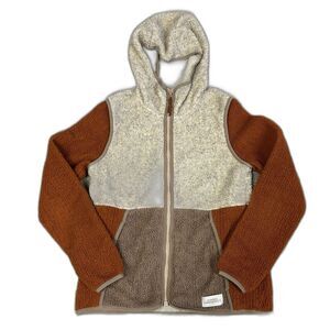 Colorblock Sherpa Zip Hoodie Jacket - Cream, Brown & Rust